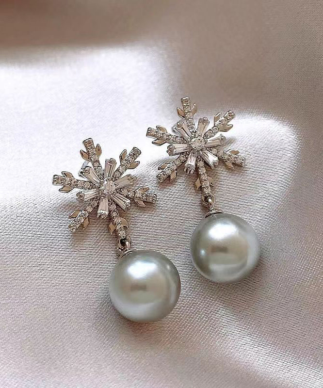 Style Grey Sterling Silver Zircon Pearl Snowflake Tassel Drop Earrings