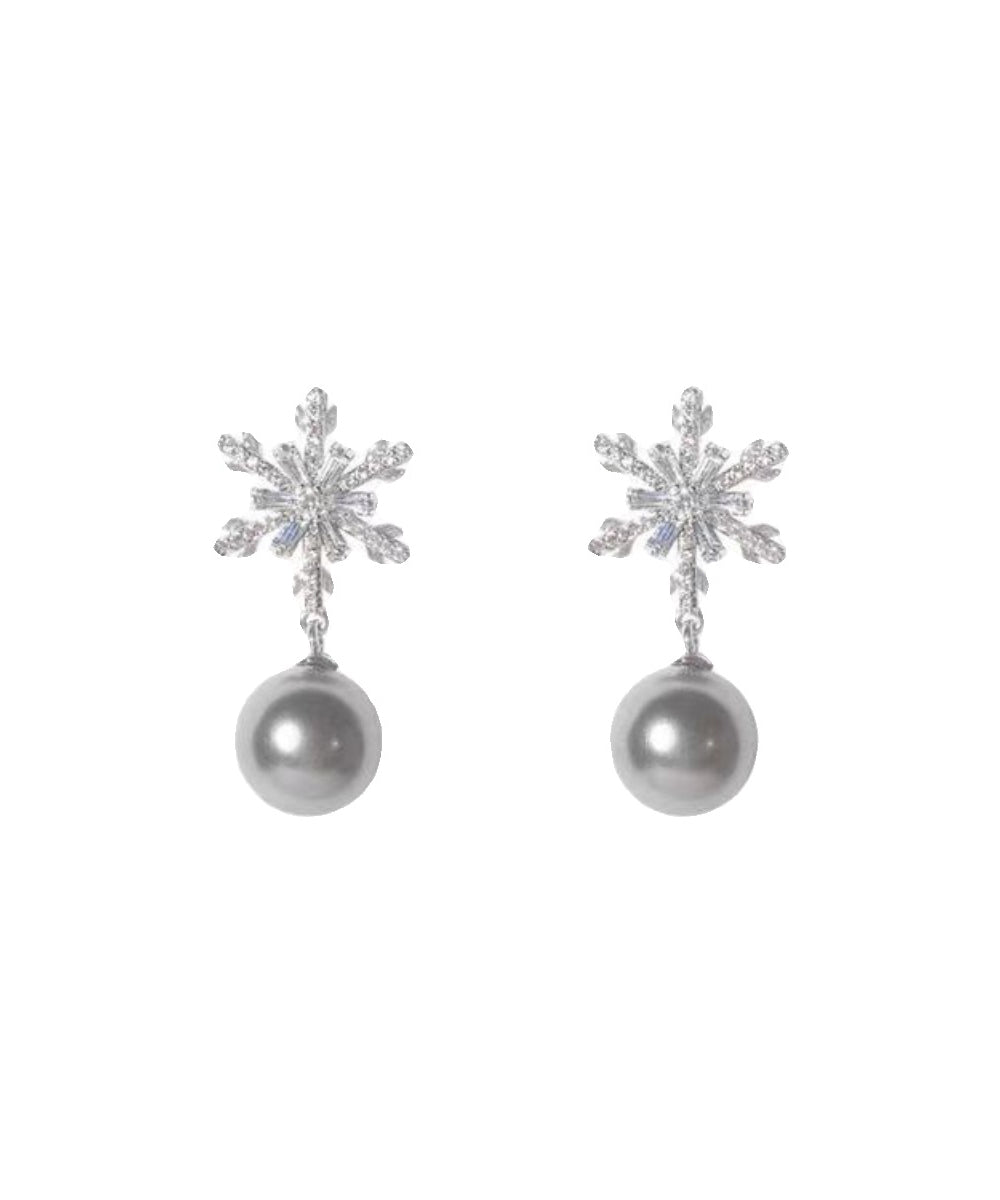 Style Grey Sterling Silver Zircon Pearl Snowflake Tassel Drop Earrings