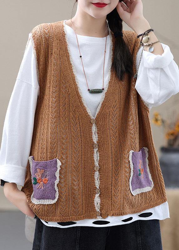 Style Khaki Embroidered Pockets Floral Fall Shirt Knit Vest Sleeveless