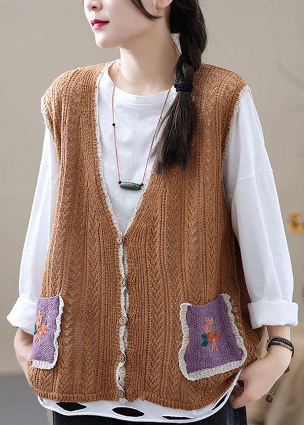 Style Khaki Embroidered Pockets Floral Fall Shirt Knit Vest Sleeveless