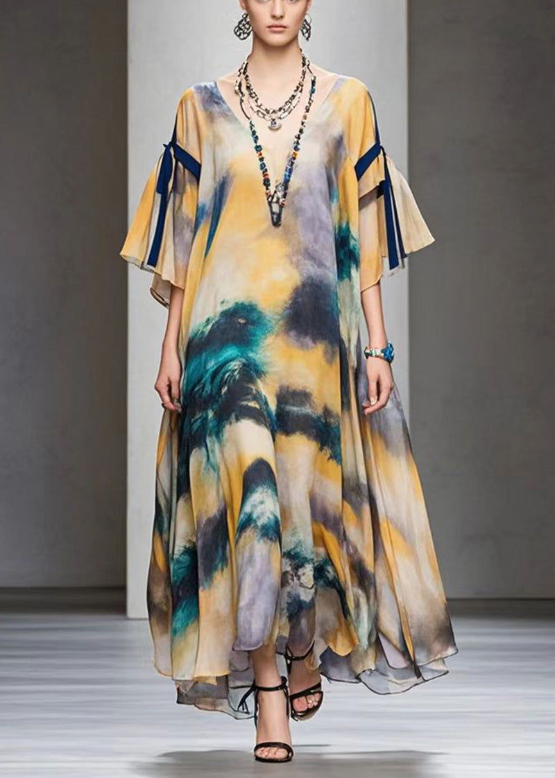 Style Khaki Oversized Tie Dye Chiffon Dresses Fall