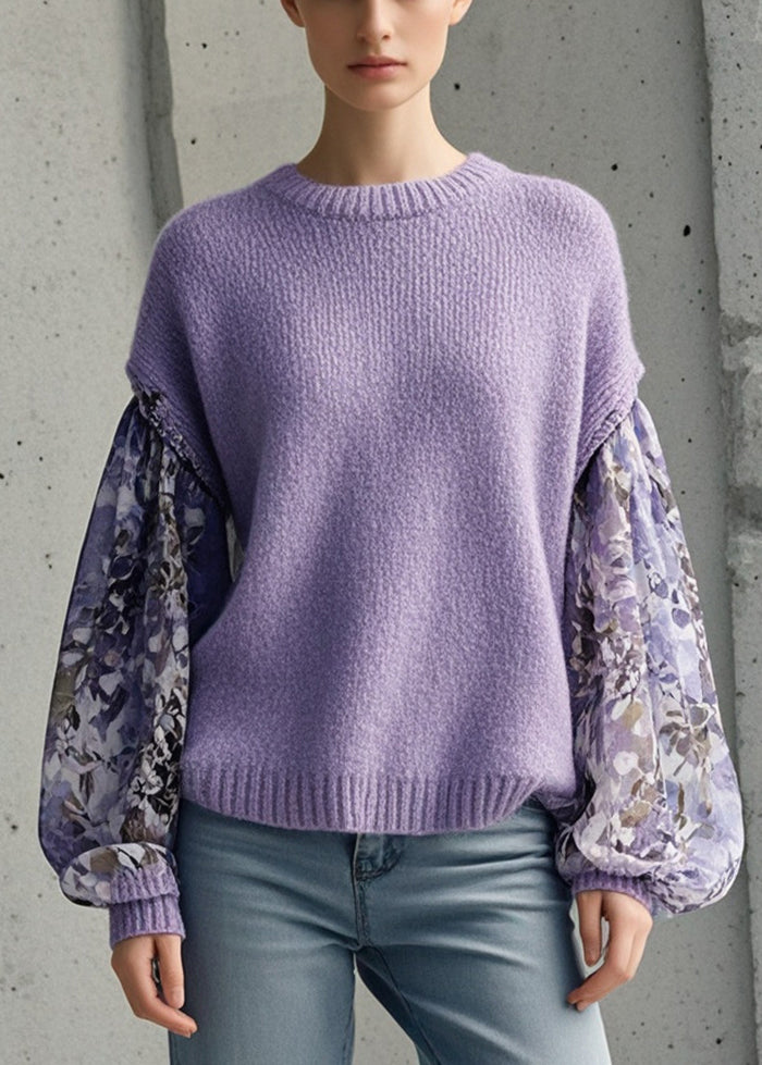 Style Lavender Oversized Patchwork Print Knit Top Fall