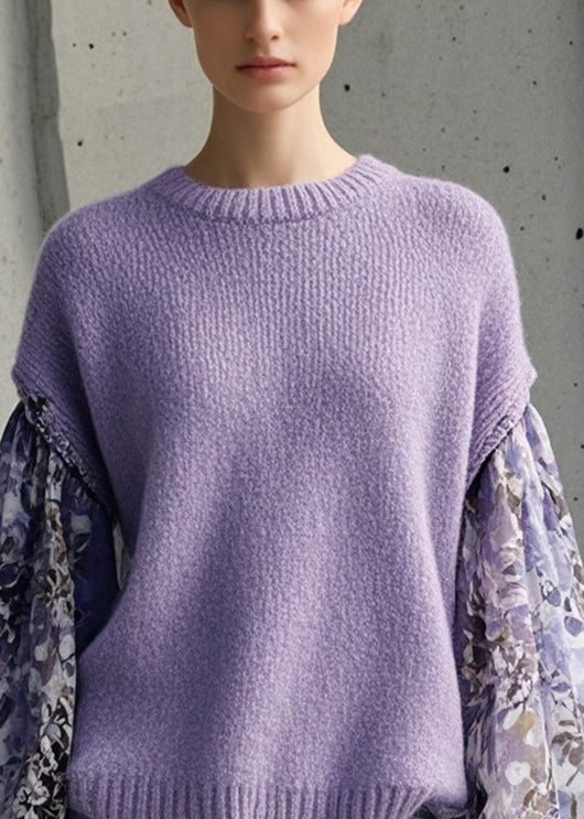 Style Lavender Oversized Patchwork Print Knit Top Fall