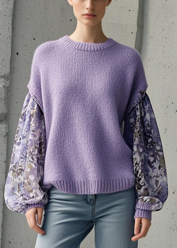 Style Lavender Oversized Patchwork Print Knit Top Fall