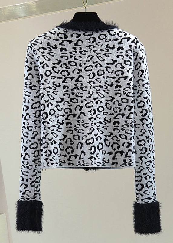 Style Leopard V Neck Fuzzy Fur Fluffy Cotton Knit Sweaters Winter