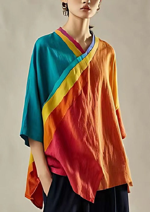 Style Orange Oversized Patchwork Linen Shirt Tops Summer