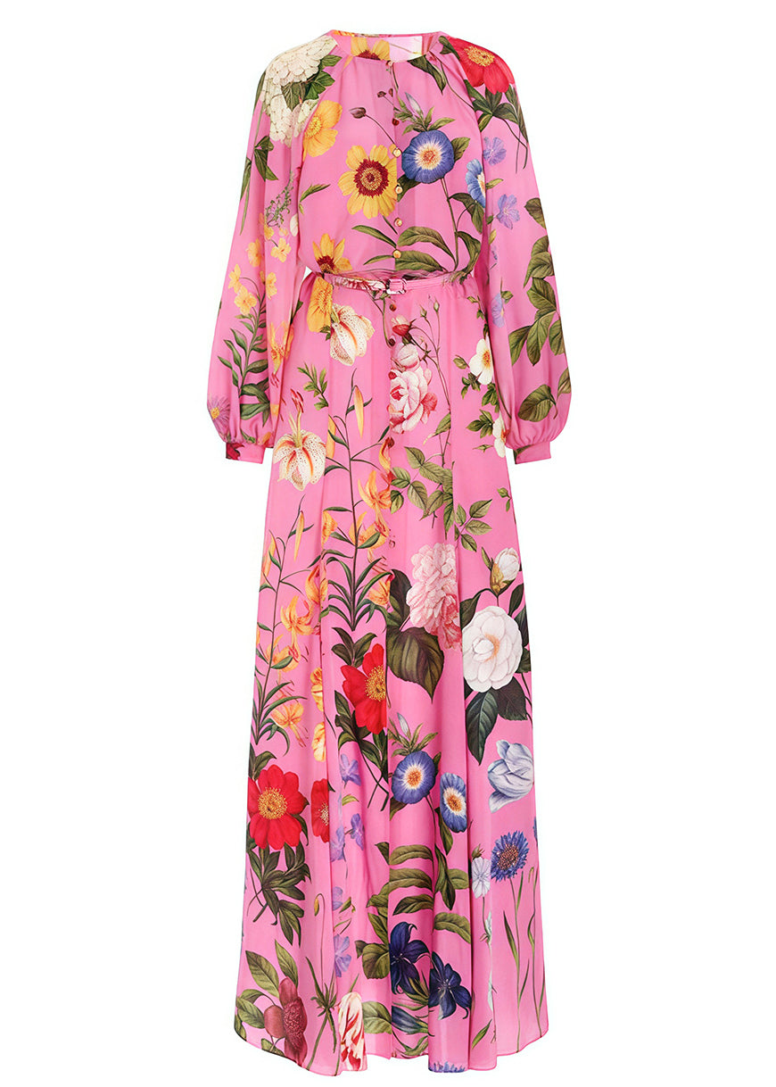 Style Pink O Neck Print Tie Waist Silk Long Dress Spring