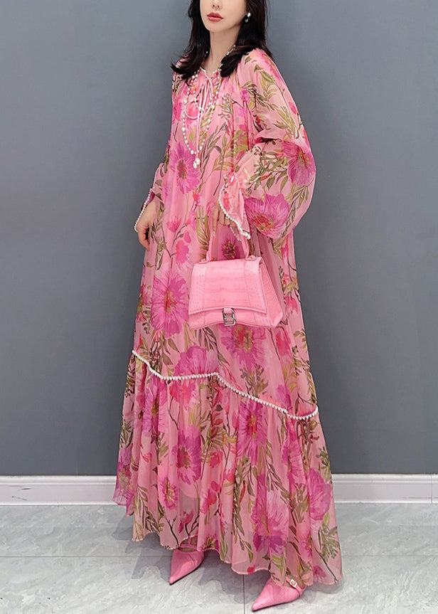 Style Pink Print Patchwork Chiffon Dress Long Sleeve