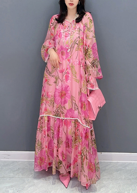 Style Pink Print Patchwork Chiffon Dress Long Sleeve