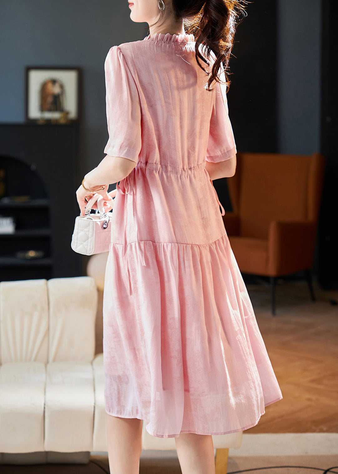 Style Pink Ruffled Drawstring Patchwork Chiffon Dresses Summer