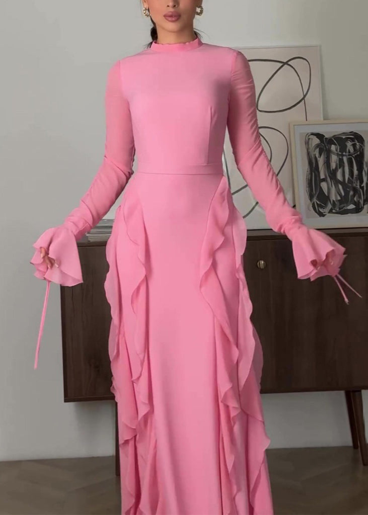 Style Pink Ruffled Patchwork Chiffon Long Dress Fall