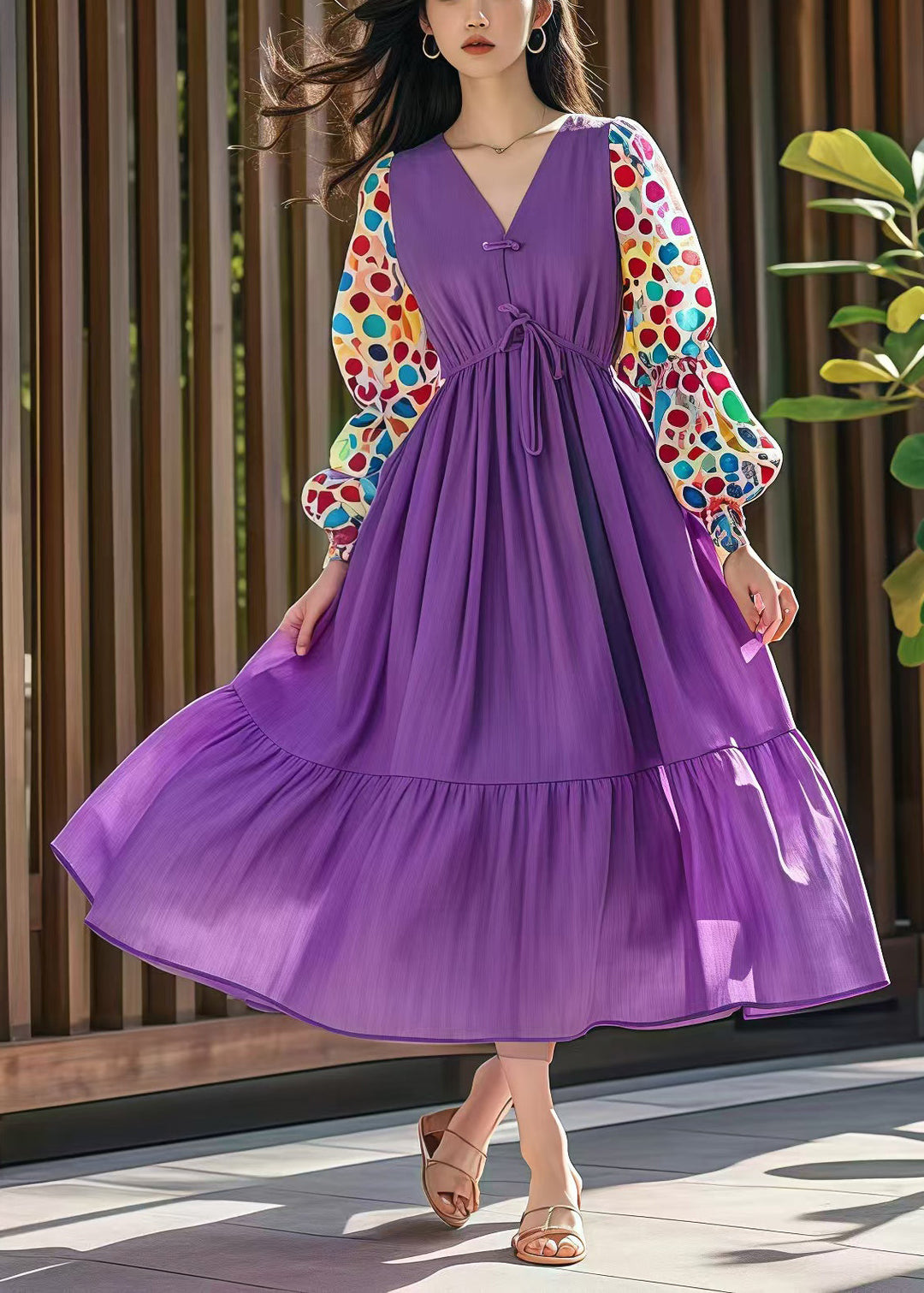 Style Purple Cinched Patchwork Print Cotton Dress Fall