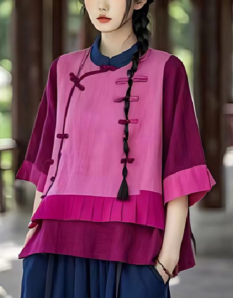 Style Purple Mandarin Collar Patchwork Linen Fake Two Piece Top Summer