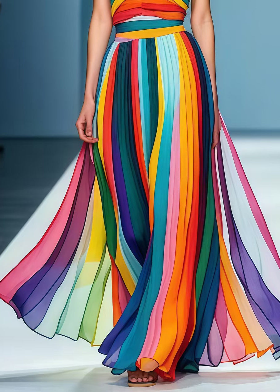 Style Rainbow Striped Chiffon Strapless Dress Summer