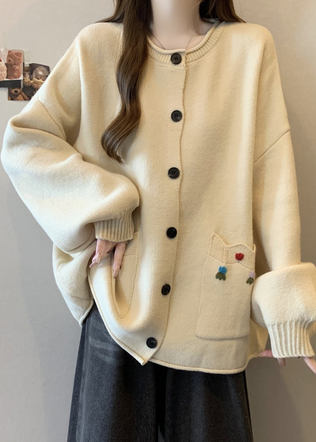 Style Red O Neck Button Pockets Knit Cardigan Winter