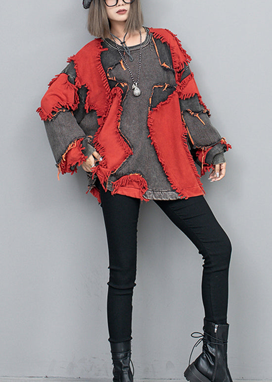 Style Red O Neck Tassel Patchwork Denim Pullover Tops Fall