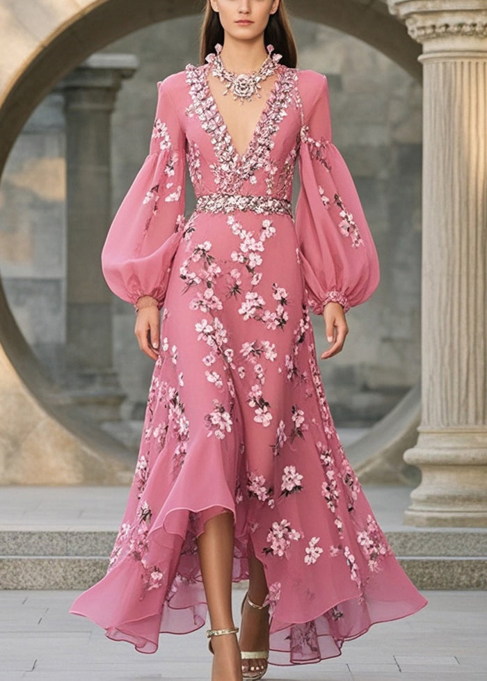 Style Rose V Neck Print Chiffon Long Dresses Lantern Sleeve