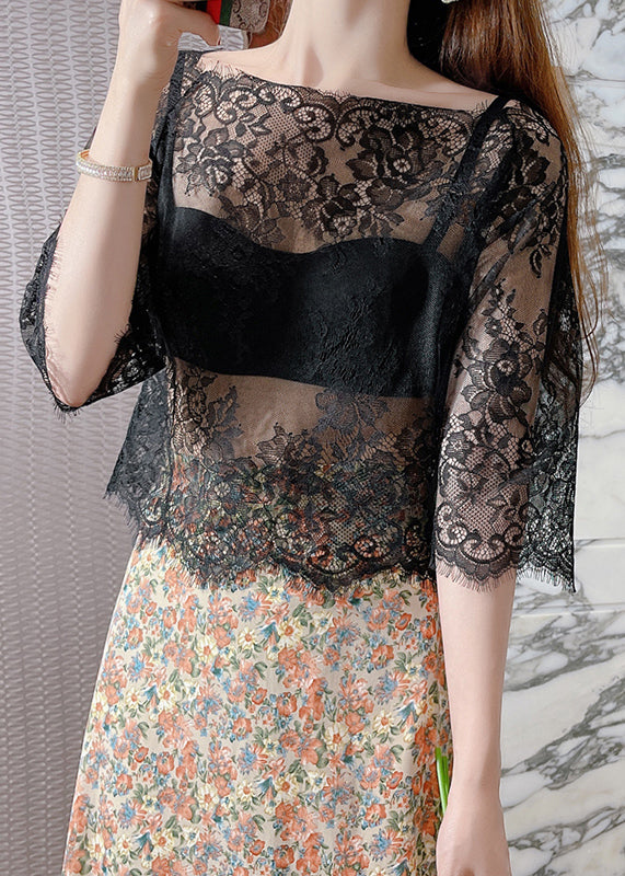 Style Sexy Black Slash Neck Hollow Out Lace Top Summer