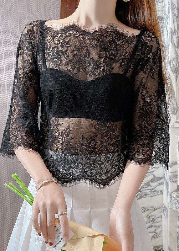 Style Sexy Black Slash Neck Hollow Out Lace Top Summer