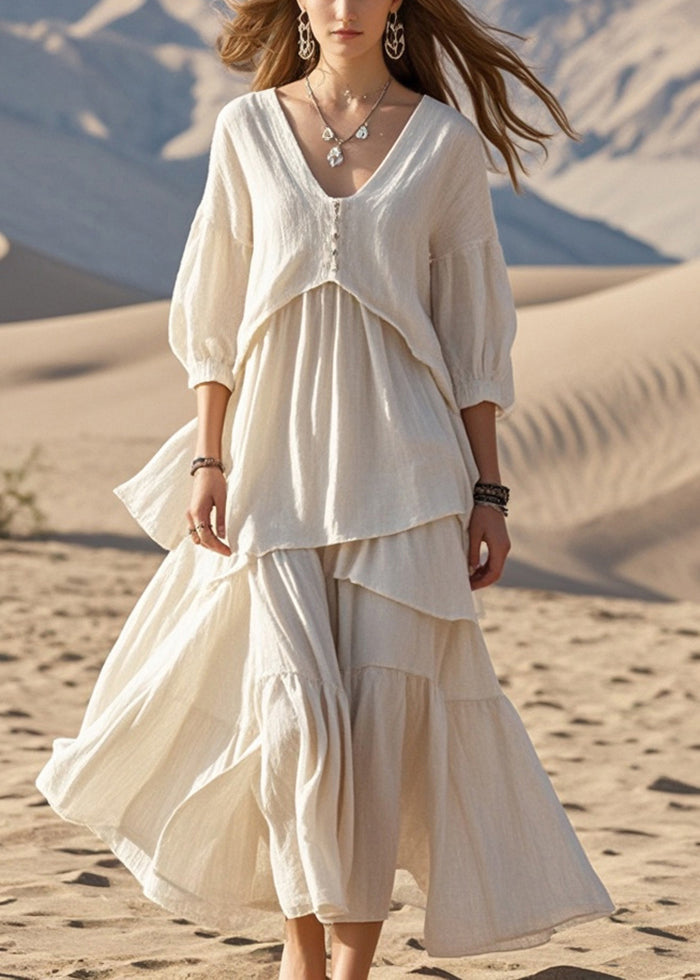 Style White Asymmetrical Cotton Maxi Dresses Bracelet Sleeve