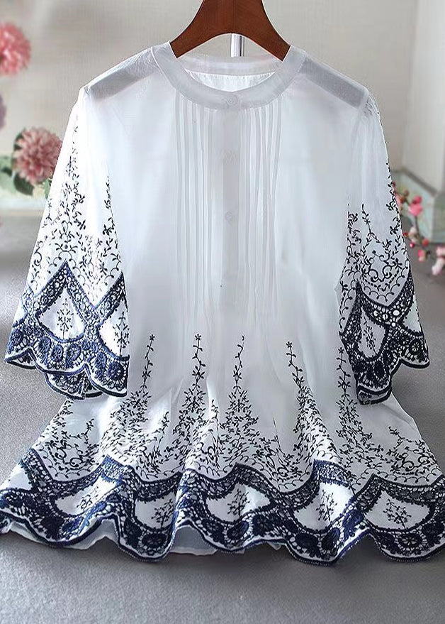 Style White Embroidered Wrinkled Cotton Blouses Summer