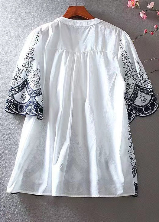 Style White Embroidered Wrinkled Cotton Blouses Summer