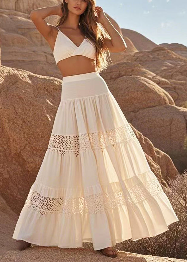 Style White Hollow Out Patchwork Cotton Holiday Skirts Spring