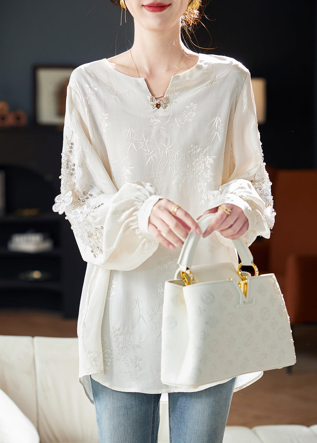 Style White Nail Bead Jacquard Chiffon Blouses Spring