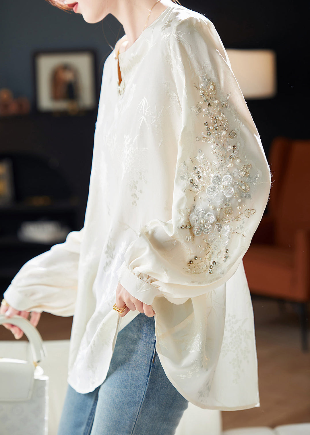 Style White Nail Bead Jacquard Chiffon Blouses Spring