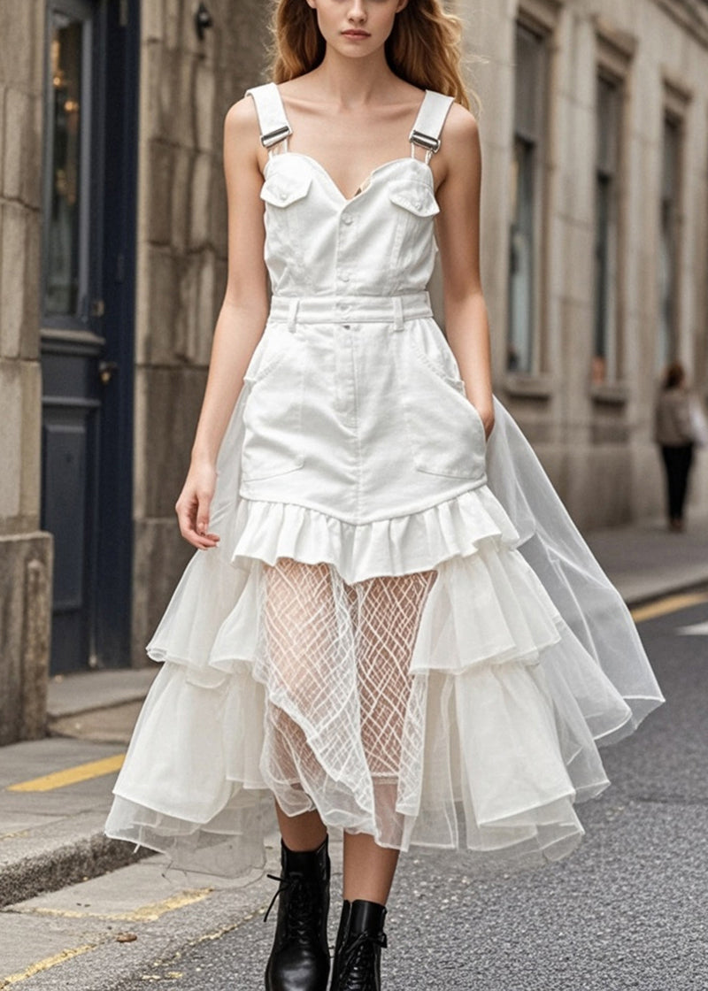 Style White Ruffled Patchwork Tulle Denim Holiday Dress Summer