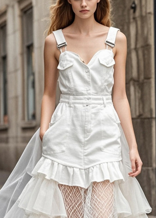 Style White Ruffled Patchwork Tulle Denim Holiday Dress Summer