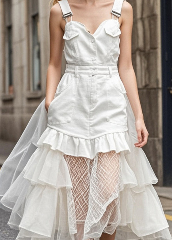 Style White Ruffled Patchwork Tulle Denim Holiday Dress Summer