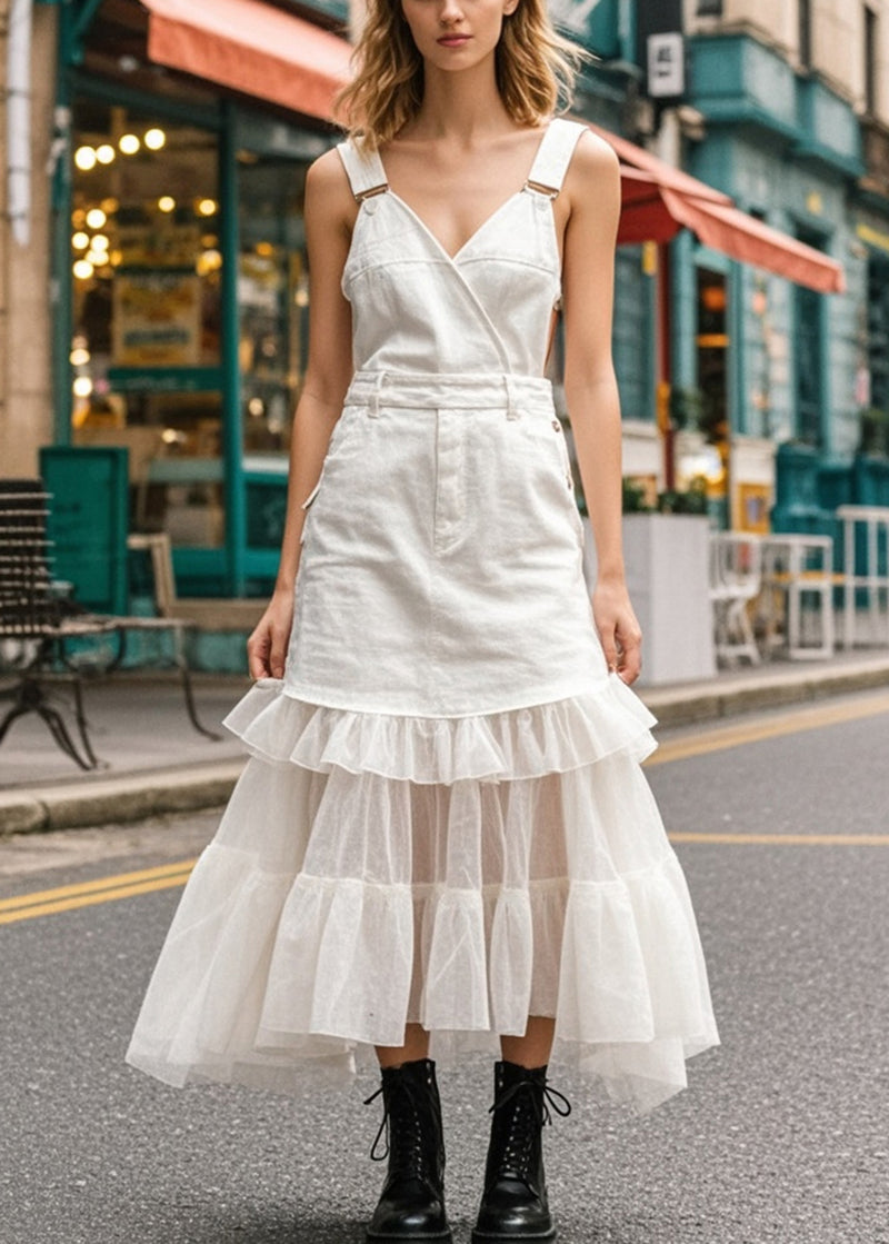 Style White Ruffled Patchwork Tulle Denim Long Dresses Summer