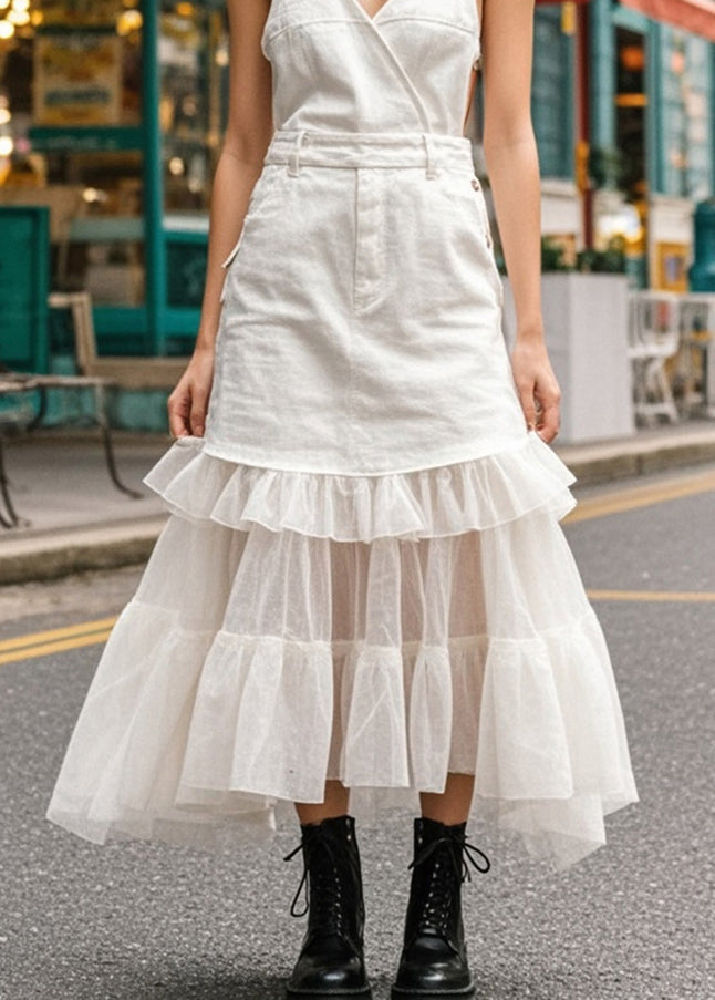 Style White Ruffled Patchwork Tulle Denim Long Dresses Summer