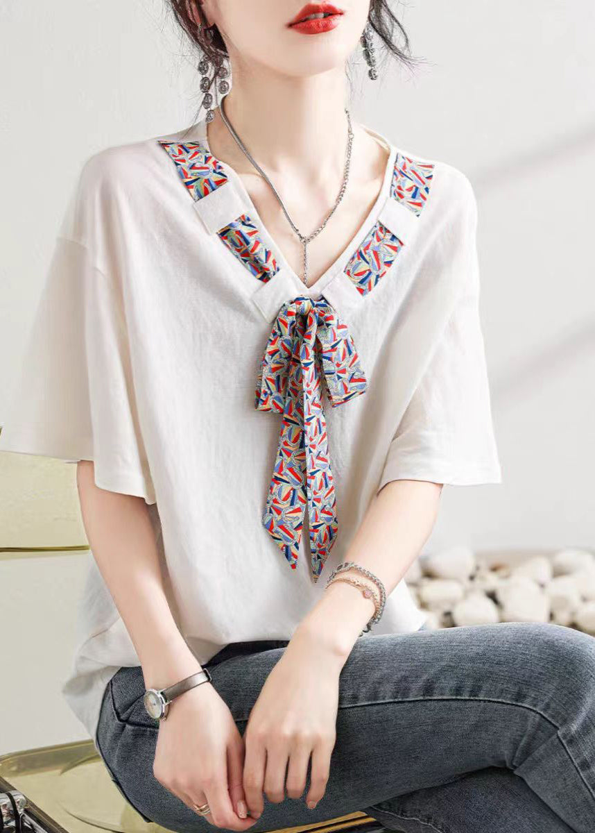 Style White V Neck Bow Patchwork Cotton Top Summer