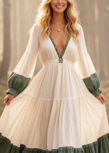 Style White V Neck Patchwork Exra Large Hem Dress Lantern Sleeve