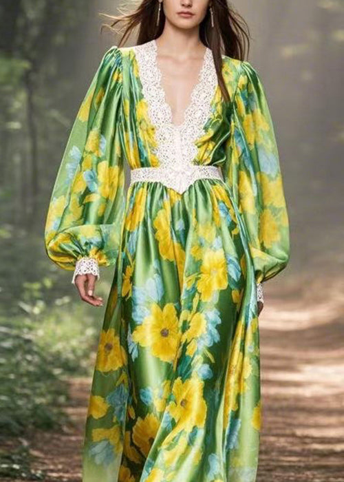 Style Yellow Green Print V Neck Patchwork Silk Dresses Lantern Sleeve