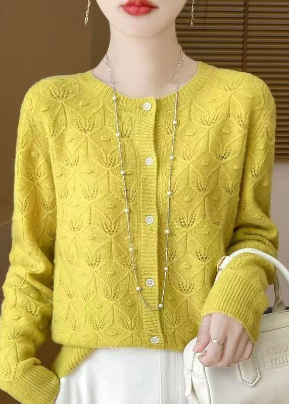 Style Yellow Hollow Out Jacquard Wool Cardigan Spring