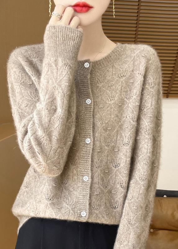 Style Yellow Hollow Out Jacquard Wool Cardigan Spring