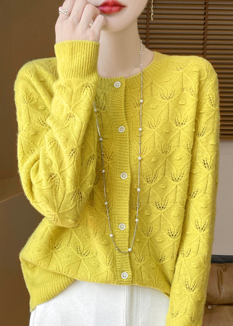 Style Yellow Hollow Out Jacquard Wool Cardigan Spring