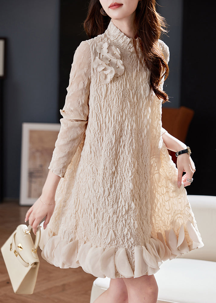 Stylish Apricot Embroidered Nail Bead Mid Dress Spring