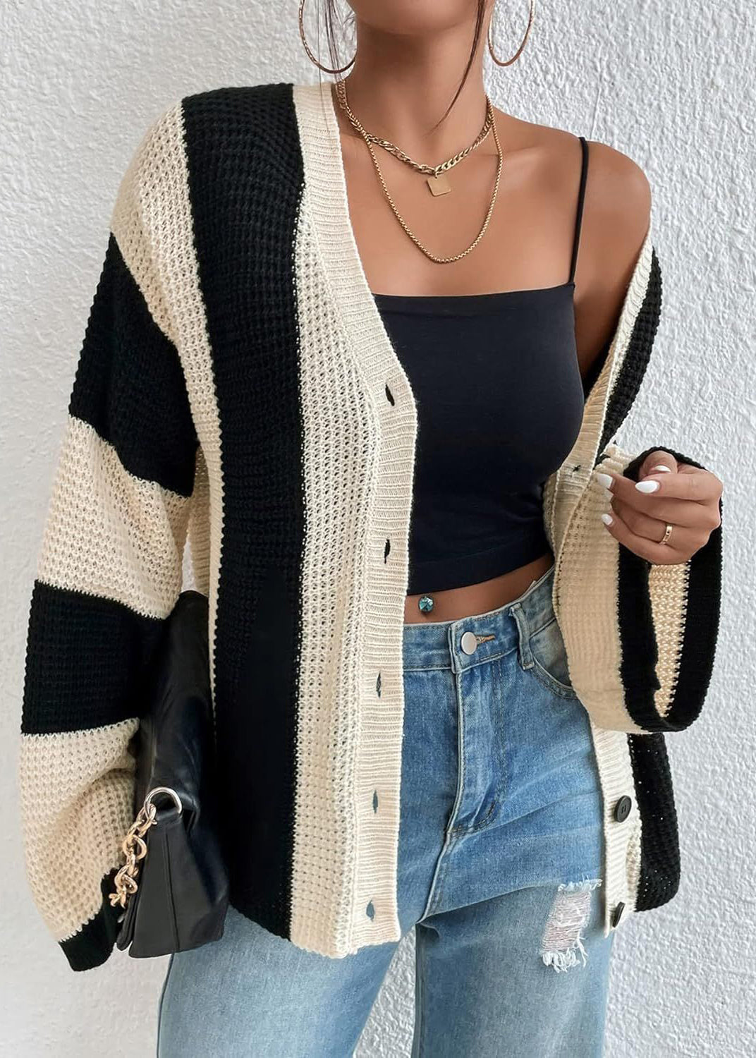 Stylish Apricot V Neck Striped Knit Loose Coat Fall