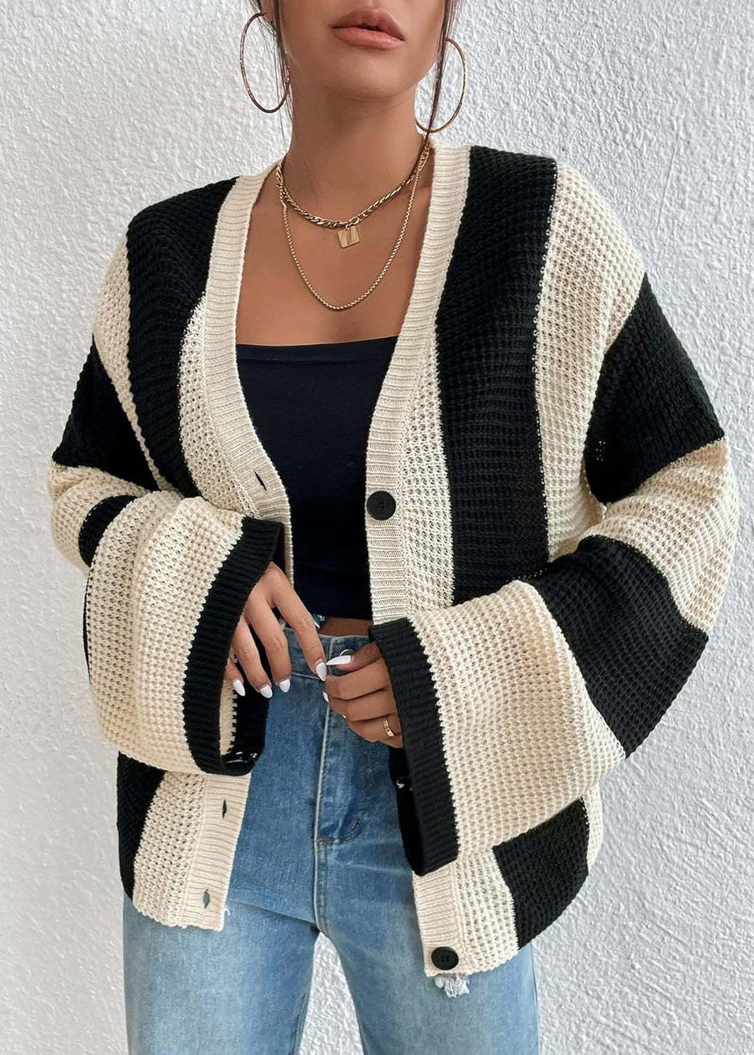 Stylish Apricot V Neck Striped Knit Loose Coat Fall