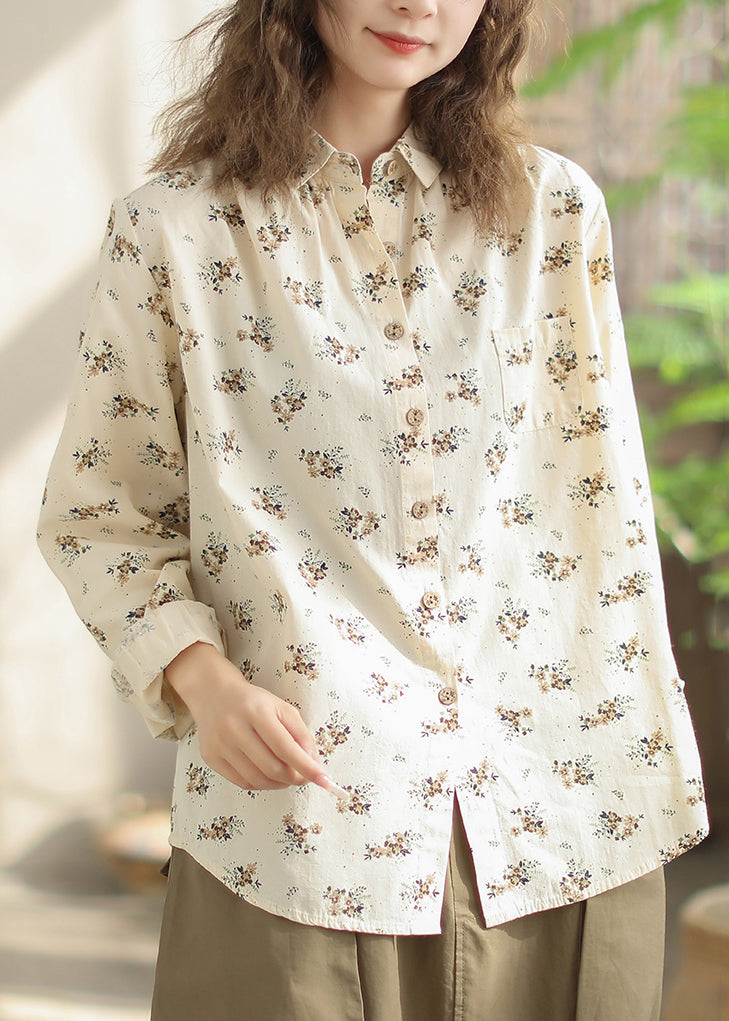 Stylish Beige Peter Pan Collar Print Cotton Shirt Spring