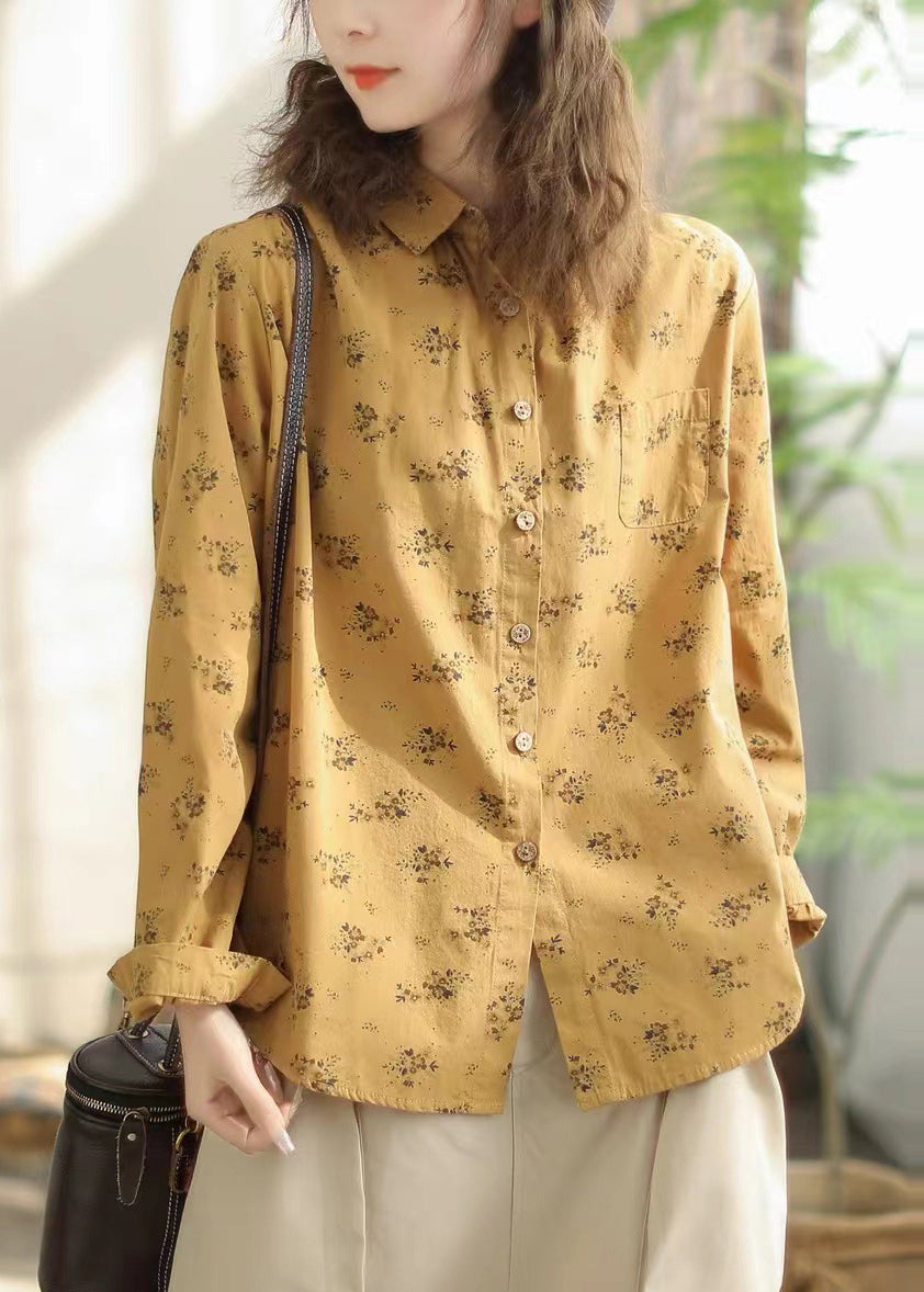 Stylish Beige Peter Pan Collar Print Cotton Shirt Spring