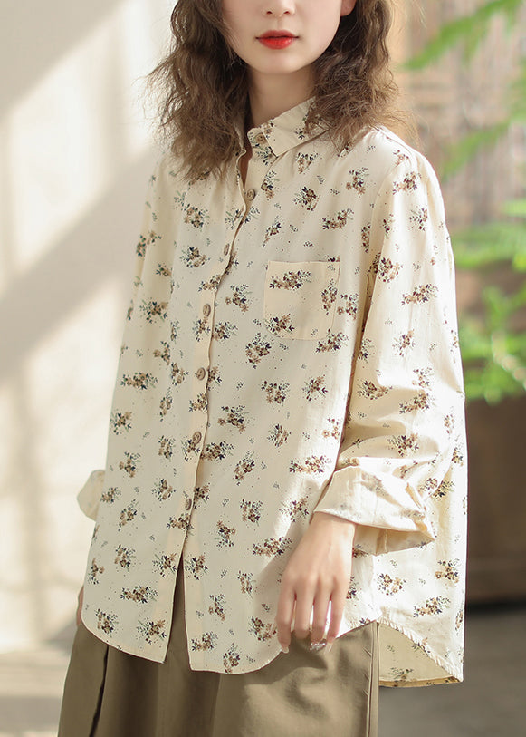 Stylish Beige Peter Pan Collar Print Cotton Shirt Spring