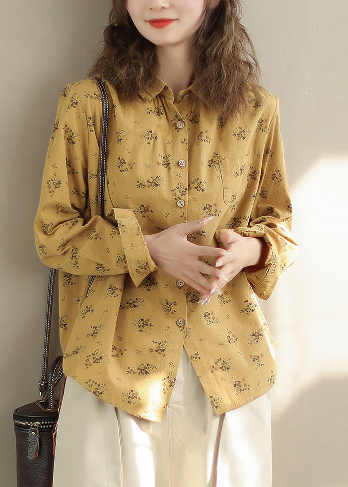 Stylish Beige Peter Pan Collar Print Cotton Shirt Spring