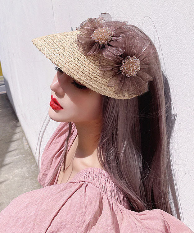 Stylish Beige Tulle Flower Sunshade Hat Summer