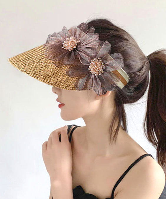 Stylish Beige Tulle Flower Sunshade Hat Summer