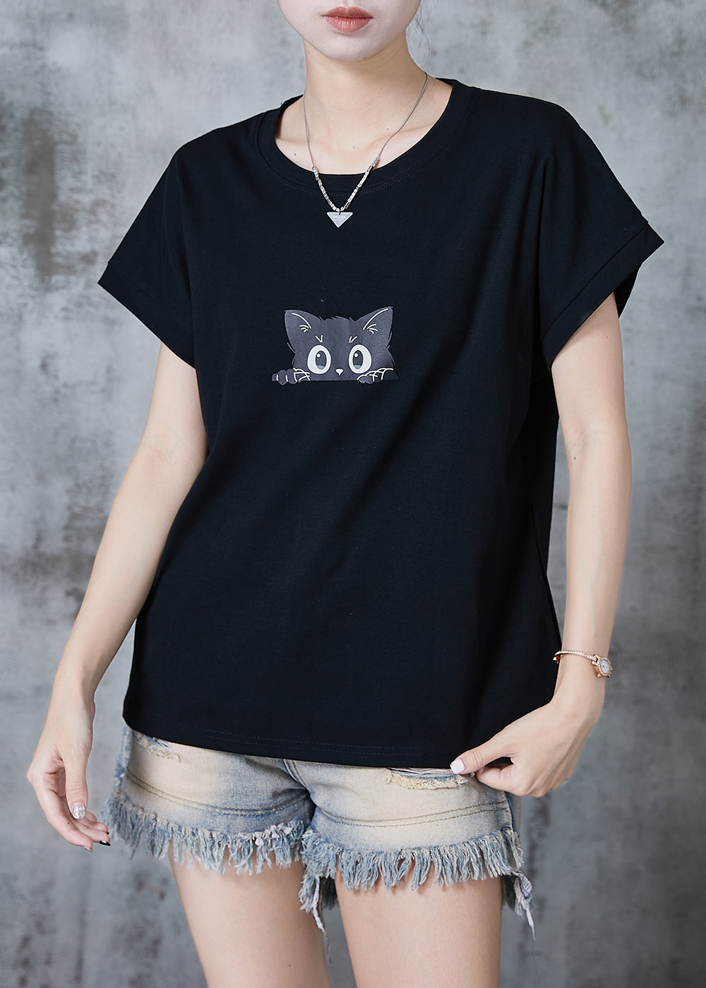 Stylish Black Cat Print Cotton Tank Tops Summer